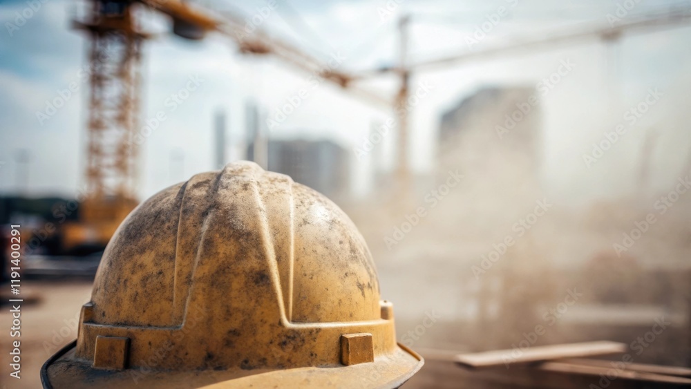 Poster closeup of a workers hard hat its surface dulled by dust and sweat with a miragelike effect obscurin