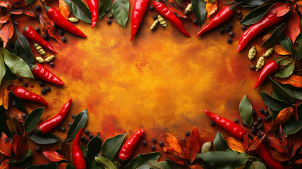 A vibrant arrangement of red chilies, peppercorns, bay leaves, garlic, and turmeric powder spread on a bold yellow background, symbolizing rich flavors.
