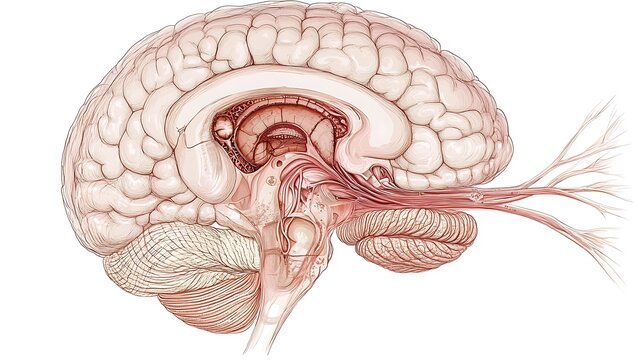 Illustration of the human brain highlighting the cerebral cortex and brainstem