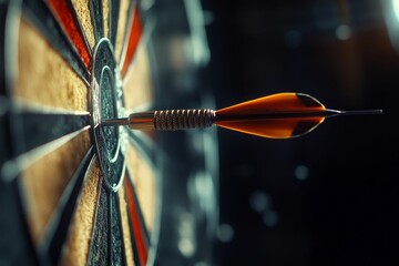 Close-up dart hitting bullseye; precise aim.
