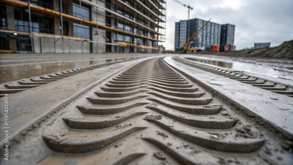 Poster Closeup of heavy machinery tracks imprinted in wet concrete creating swirling lines that echo the contours of the buildings evolving structure.