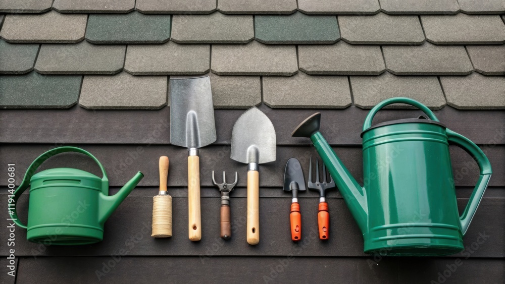 Poster Closeup of Installation Tools A collection of handson tools like trowels soil scoops and watering cans tered on a rooftop workspace illustrating the practical side of green roof