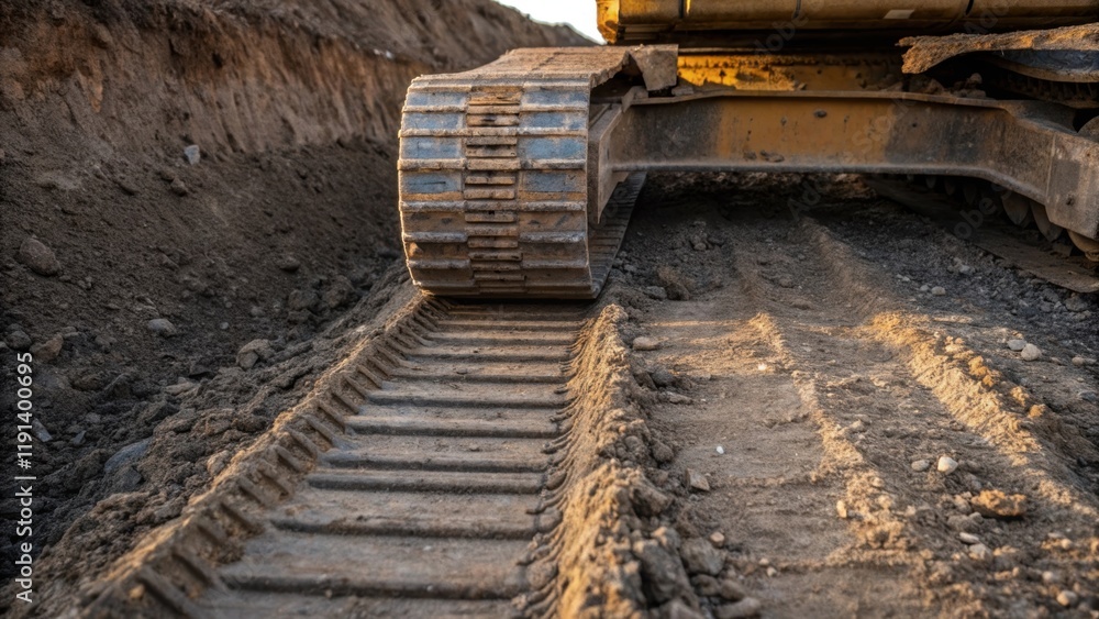 Poster Closeup of machinery tracks muddying the perimeter of the foundation pit with a backdrop of deep earth and gravel emphasizing the heavy equipments role in creating a stable base
