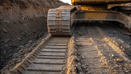 Fototapeta premium Closeup of machinery tracks muddying the perimeter of the foundation pit with a backdrop of deep earth and gravel emphasizing the heavy equipments role in creating a stable base