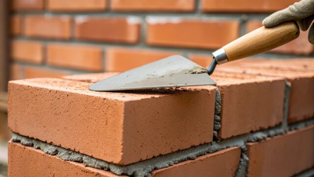 Closeup of mortar being applied with a trowel between newly laid bricks emphasizing the consistency of the mixture and the careful precision of the application.