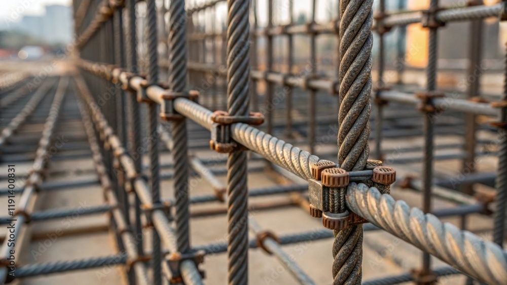 Poster Closeup of scaffolding components featuring twisted wires and bolts forming a rhythmic repetitive lattice that evokes a sense of organized chaos.