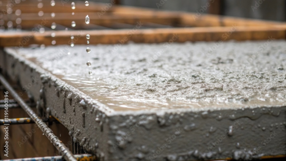 Poster Closeup of textured concrete being poured into a mold with glistening droplets of water clinging to the edges emphasizing the raw materials and labor involved in building an