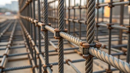 Closeup of scaffolding components featuring twisted wires and bolts forming a rhythmic repetitive lattice that evokes a sense of organized chaos.