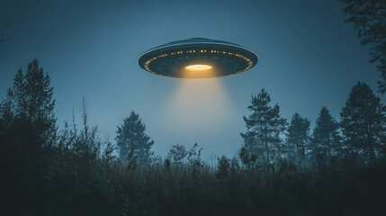 "captivating digital art of a flying saucer hovering over a foggy forest at night, illustrating a mysterious and surreal UFO scene enveloped in eerie, atmospheric sci-fi vibes"