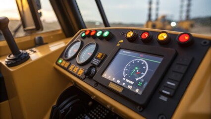 Closeup of the bulldozers control panel with illuminated buttons and gauges emphasizing the junction of traditional machinery and advanced GPS technology highlighting the operators