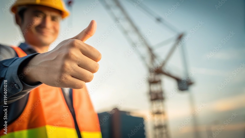 Poster Closeup of the workers hand in midmotion displaying a firm signal with the blurred silhouette of the crane and its load visible in the background showcasing the precision of the