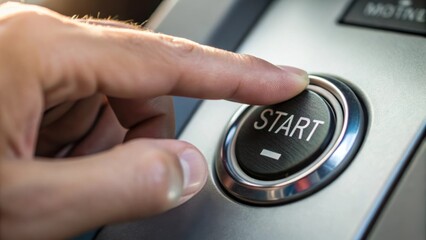 Closeup of the start button being pressed with the moment captured in midaction showcasing a tense hand poised to activate the steady thrum of machinery beneath the surface.