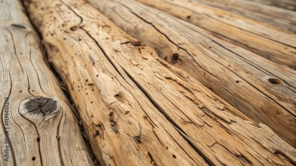 Aufkleber Closeup of weathered cedar displaying rough texture and a mix of light and dark brown tones with prominent knots that suggest years of exposure to the elements.