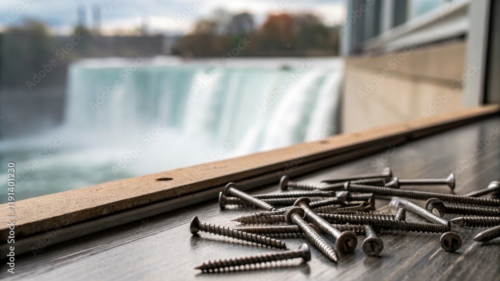 Aufkleber Closeup on nails and screws tered on an industrial workspace while just beyond the window a cascading waterfall glimmers contrasting the sharp edges of manmade materials with the
