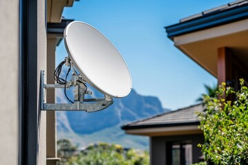 White satellite dish mounted on building exterior.