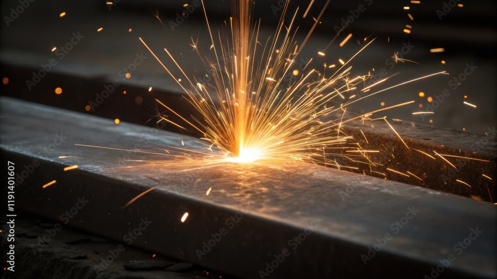 Poster closeup view of a single radiant spark colliding with the jagged edge of a metal piece the contact p