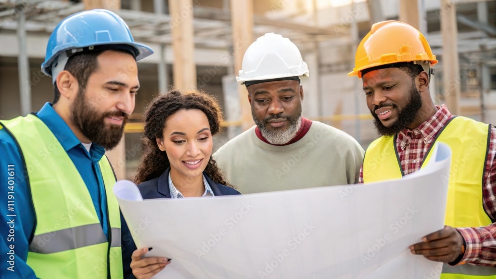 Aufkleber Community Engagement Medium closeup of a diverse group of workers and community members gathered around blueprints at a construction site discussing design elements that reflect