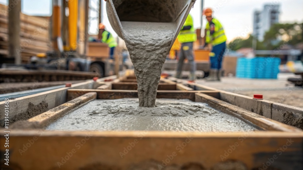Aufkleber concrete pouring a medium closeup of thick concrete being poured from a mixer into a mold with worke