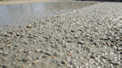 Concrete Aggregate A medium closeup of freshly mixed concrete revealing the rough textures of gravel and sand particles suspended in the gray slurry. The juxtaposition of co
