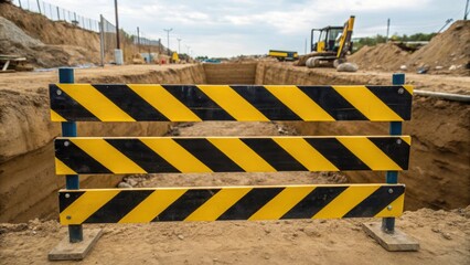 Cluster of yellow and black striped barriers forming a perimeter around a deep excavation site their bold colors contrasting with the dirt and harsh construction environment.