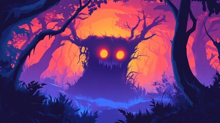 Fototapeta premium Glowing Eyed Forest Monster Lurks Among Trees