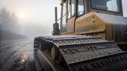 Construction Tools A medium closeup of heavyduty construction equipment covered in dew from the fog the machinerys metal surfaces gleaming dimly through the haze indicating a pause