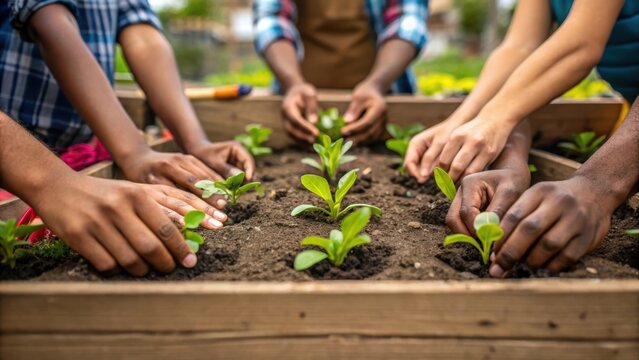 Community Garden Initiative A closeup of diverse hands planting seedlings in a shared community garden bed made of reclaimed wood depicting a collaborative effort towards
