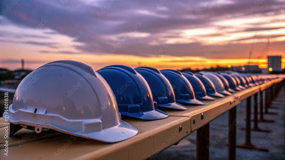 Poster dusk colors a medium closeup of safety helmets lined up on a table illuminated by the soft fading li