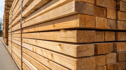 Detailed view of wooden planks stacked tightly in a delivery bundle with sunlight glinting off the smooth surfaces revealing the rich warm tones of the natural wood.