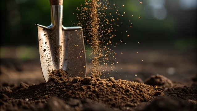 Dirt in Motion A closeup of soil cascading from the blade of a shovel particles suspended in the air showcasing the dynamic nature of groundbreaking and the transformation of the