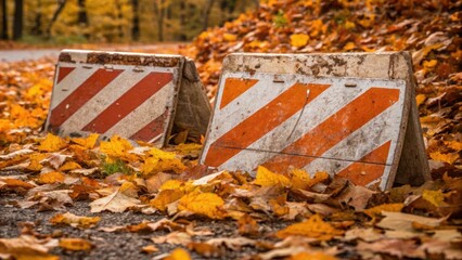 Obraz premium Faded Colors of Fall A medium closeup of weathered construction signs partially hidden under a blanket of fallen leaves illustrating the passage of time and the changing seasons at