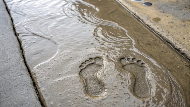 Examination of the wet concrete surrounding two adjacent footprints focusing on the flow of the material around the edges capturing how the cement has settled and smoothed while