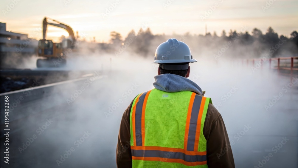 Poster foggy morning worksite a medium closeup capturing a construction worker in a bright safety vest surv
