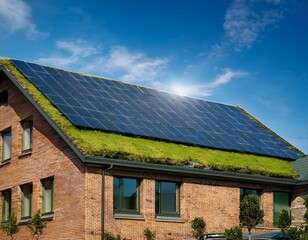 Generated image  A building with a green roof and integrated solar panels