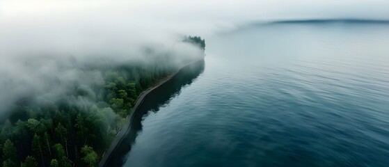 Fototapeta premium Serene Aerial View of Misty Forest Edge by Tranquil Water Surface