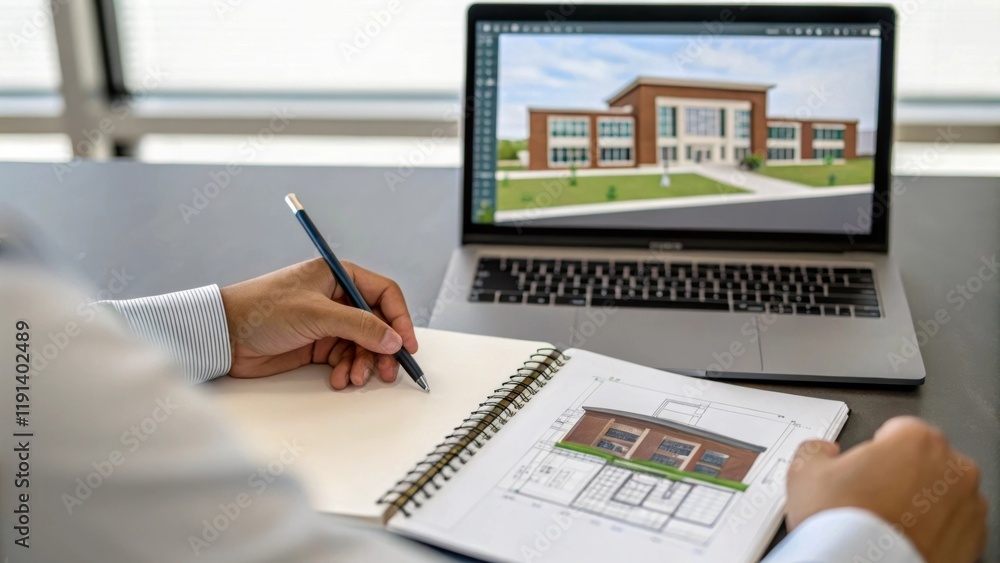 Aufkleber Hands of an architect sketching detailed designs of a school on a notepad with a laptop displaying 3D models in the foreground emphasizing the planning aspect of educational