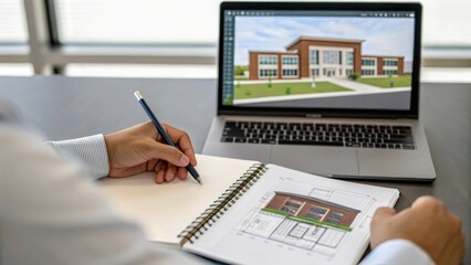 Hands of an architect sketching detailed designs of a school on a notepad with a laptop displaying 3D models in the foreground emphasizing the planning aspect of educational