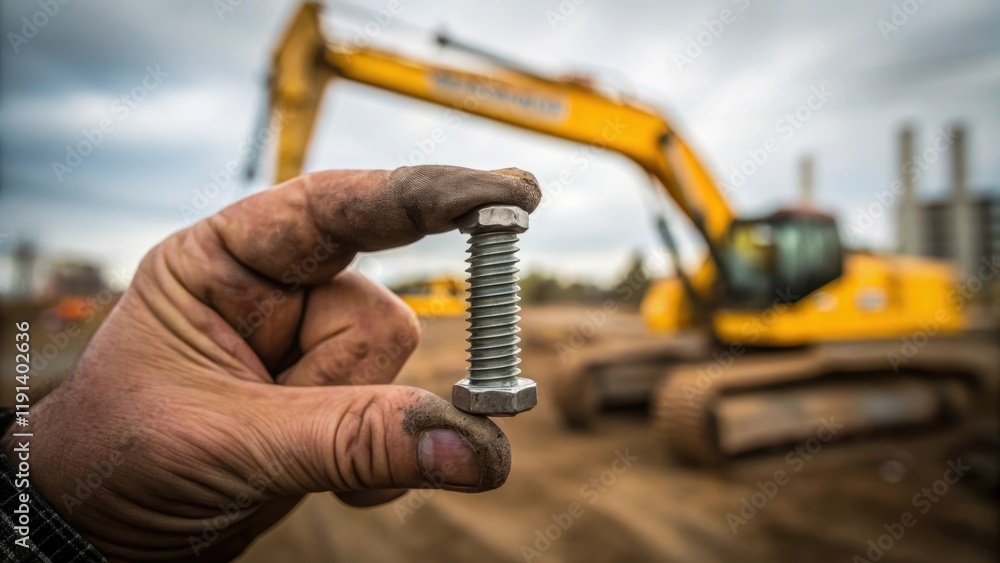 Aufkleber In a closeup a dirty hand cradles a tiny bolt while the sharp gleaming steel frame of a colossal excavator looms in the background highlighting the juxtaposition of precision and