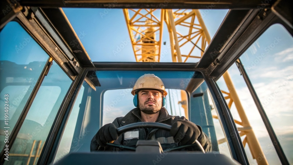 Poster heavy machinery operator a medium closeup of a crane operator inside the cabin focused on controllin