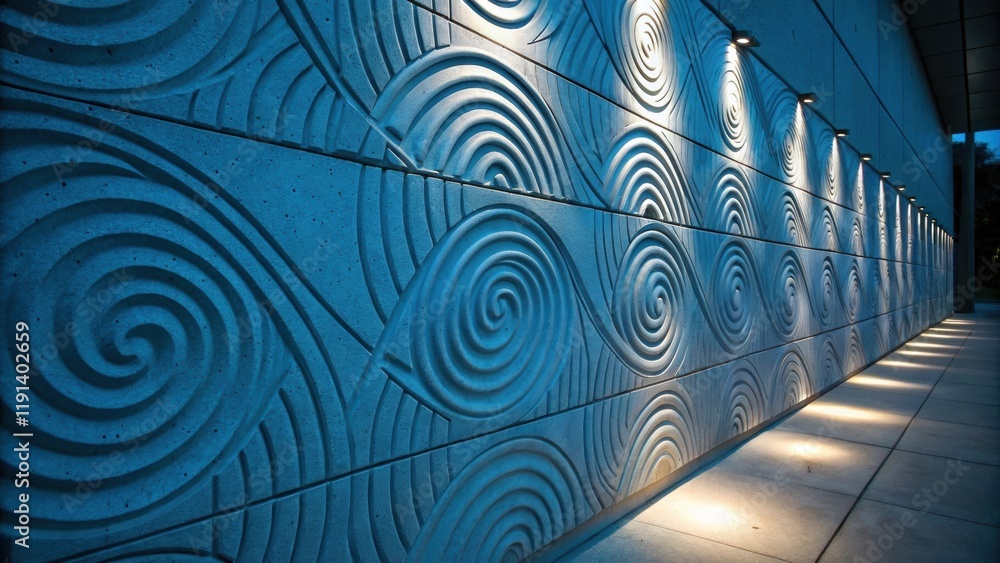 Poster In a medium closeup a textured wall displays swirling patterns illuminated by a celestial blue light casting unusual curvilinear shadows that dance across the surface introducing