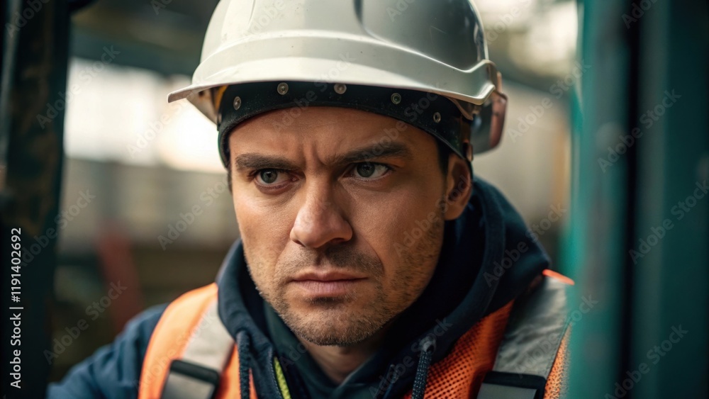 Poster In a medium closeup the workers clenched jaw and concentrated expression are visible framed by a protective helmet underscoring their commitment to precision while maneuvering