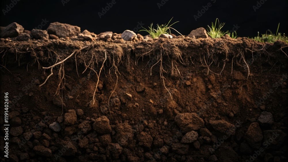 Poster in a medium closeup the rich textures of freshly excavated earth stand illuminated highlighting the 