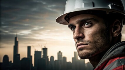 Obraz premium In a closeup of the workers profile the outline of the skyline serves as a dramatic backdrop highlighting the workers resilience and connection to the urban environment that