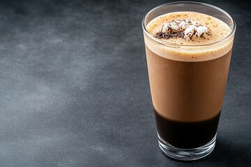 Iced coffee with cream and chocolate in a glass on dark background.