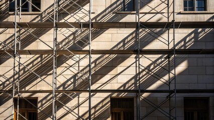 Fototapeta premium In a medium closeup the geometric lines of the scaffolding cast sharp angular shadows that create a striking visual rhythm on the facade enhancing its architectural features while