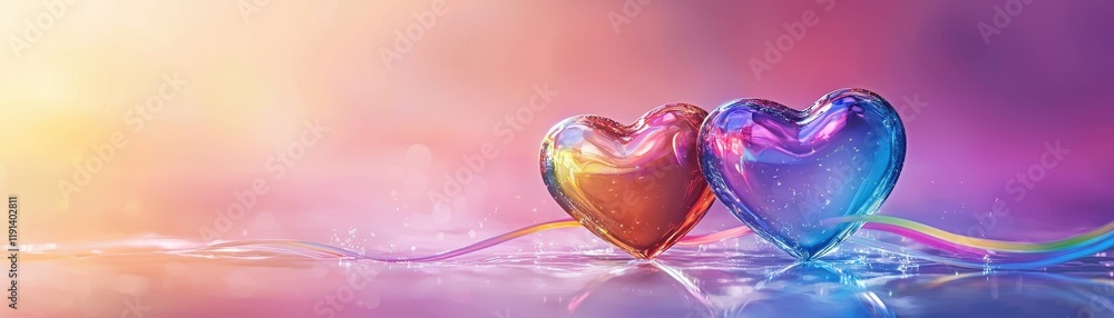 Poster colorful heart shapes shimmering on a sparkling background with soft blurred lights and gentle refle