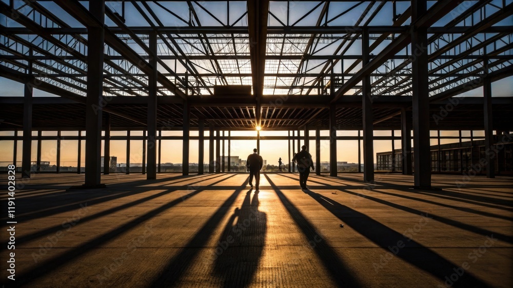 Aufkleber Late afternoon light filtering through the skeletal framework of a building under construction casting intricate shadows on the ground as workers move purposefully their