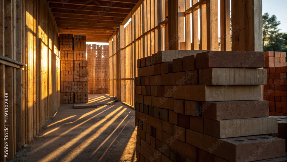 Poster Late afternoon sunlight filters through partially constructed walls creating a play of light and shadow that accentuates the textures of wooden forms and stacked bricks.