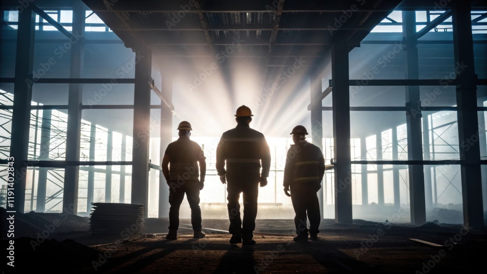 Aufkleber Light filters through the fragmented openings of the framework creating an ethereal quality around silhouetted construction workers their movements vibrant against the illuminating
