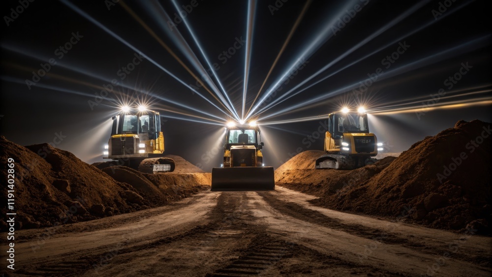 Poster long exposure captures the rhythmic movement of excavators their headlights casting bright beams tha